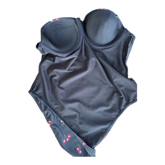 One Piece Cherry Print Black Strapless Bathing Suit Swimsuit - Picture 3 of 4